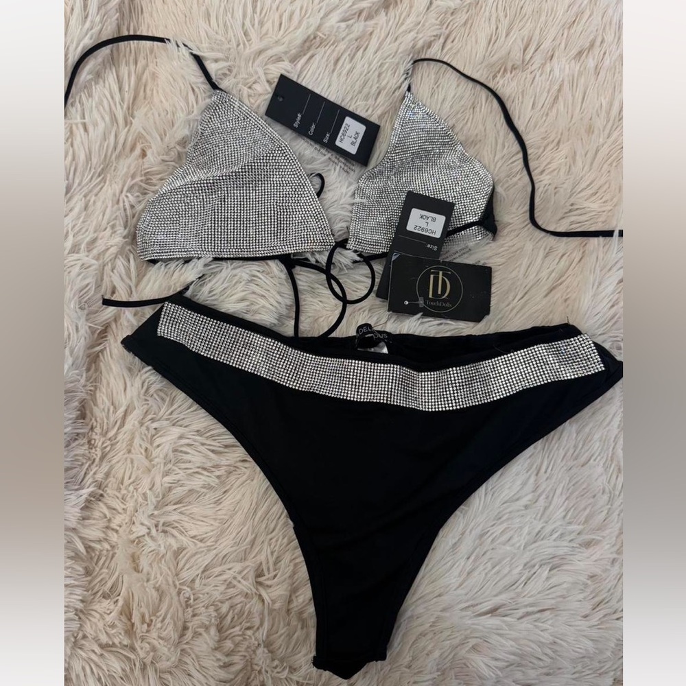 Black and White Rhinestone Bikini Set